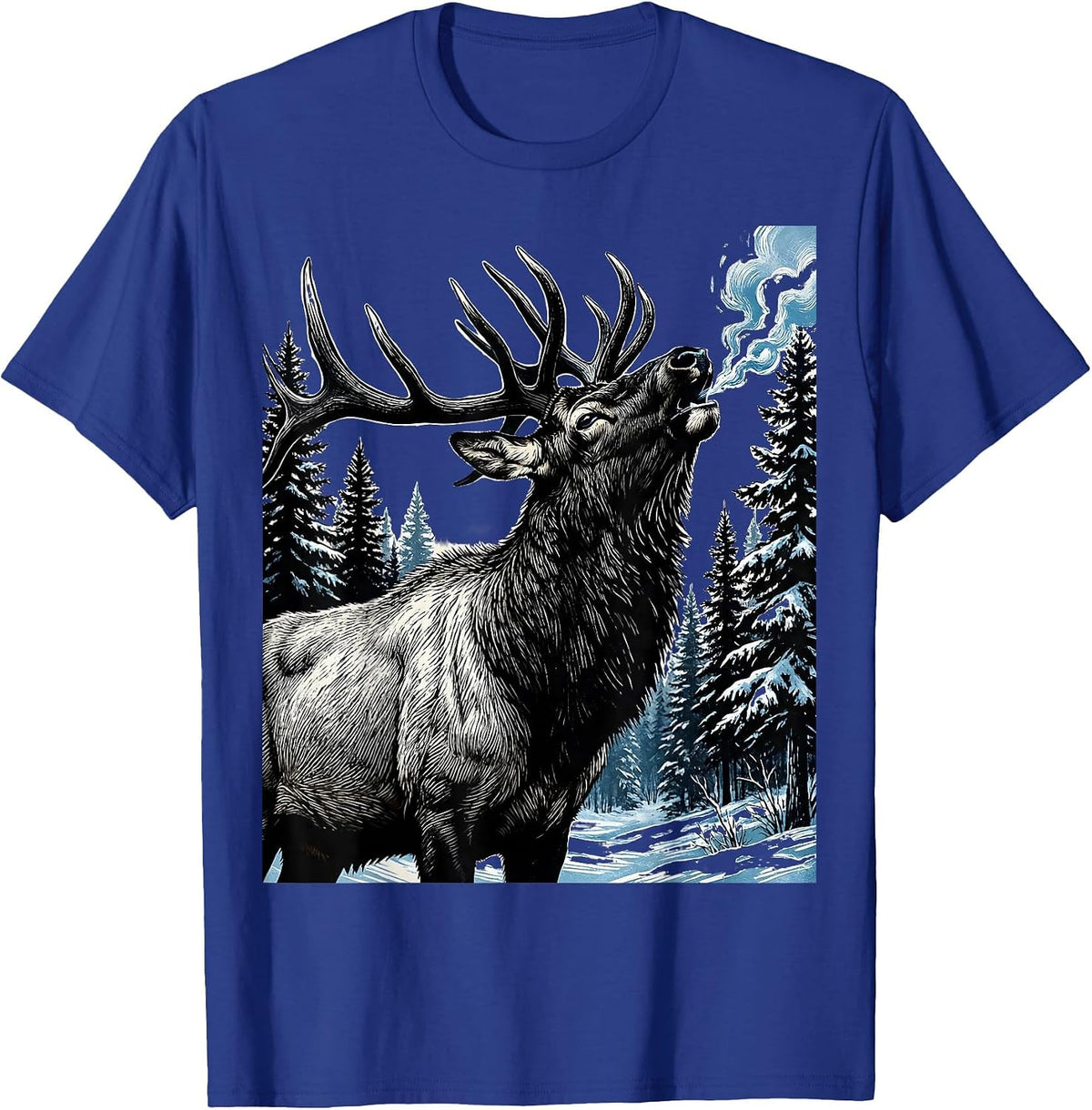 Elk Bugling in Snowy Pine Forest Illustration T-Shirt - Royal Blue