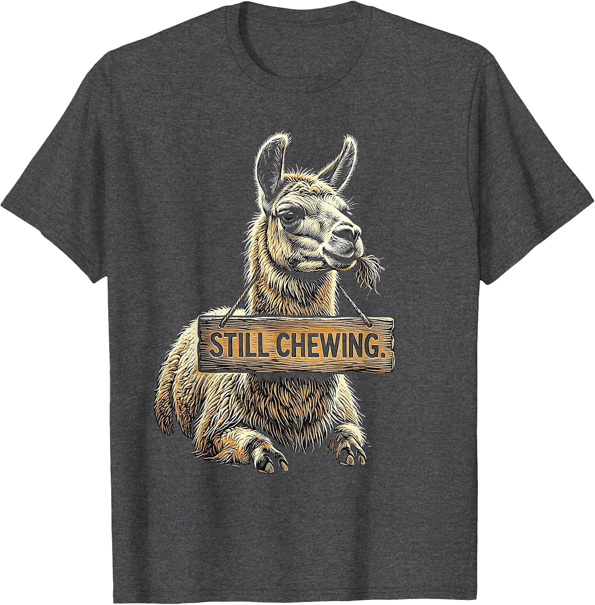 Men's Still Chewing Funny Llama Alpaca Pun Humor T-Shirt - Dark Heather Grey