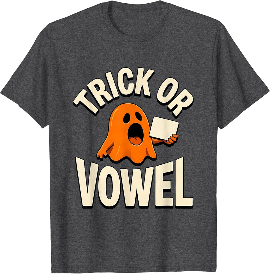 Men's Trick Or Vowel Funny Halloween Speech Therapy SLP Teacher T-Shirt - Dark Heather Grey