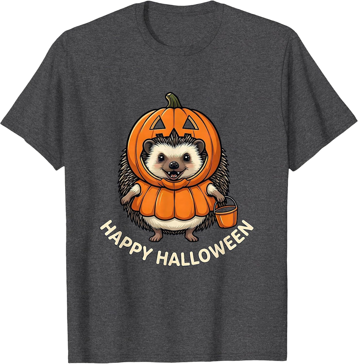 Men's Happy Halloween Cheerful Hedgehog Pumpkin Costume Party Wear T-Shirt - Dark Heather Grey