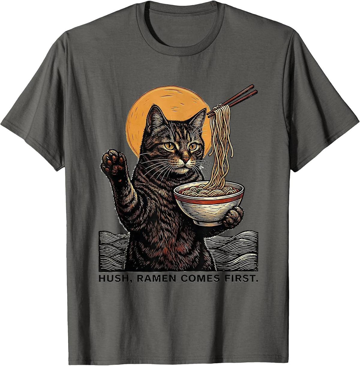 Men's Hush, Ramen Comes First Funny Kawaii Anime Cat Gift T-Shirt - Asphalt Grey