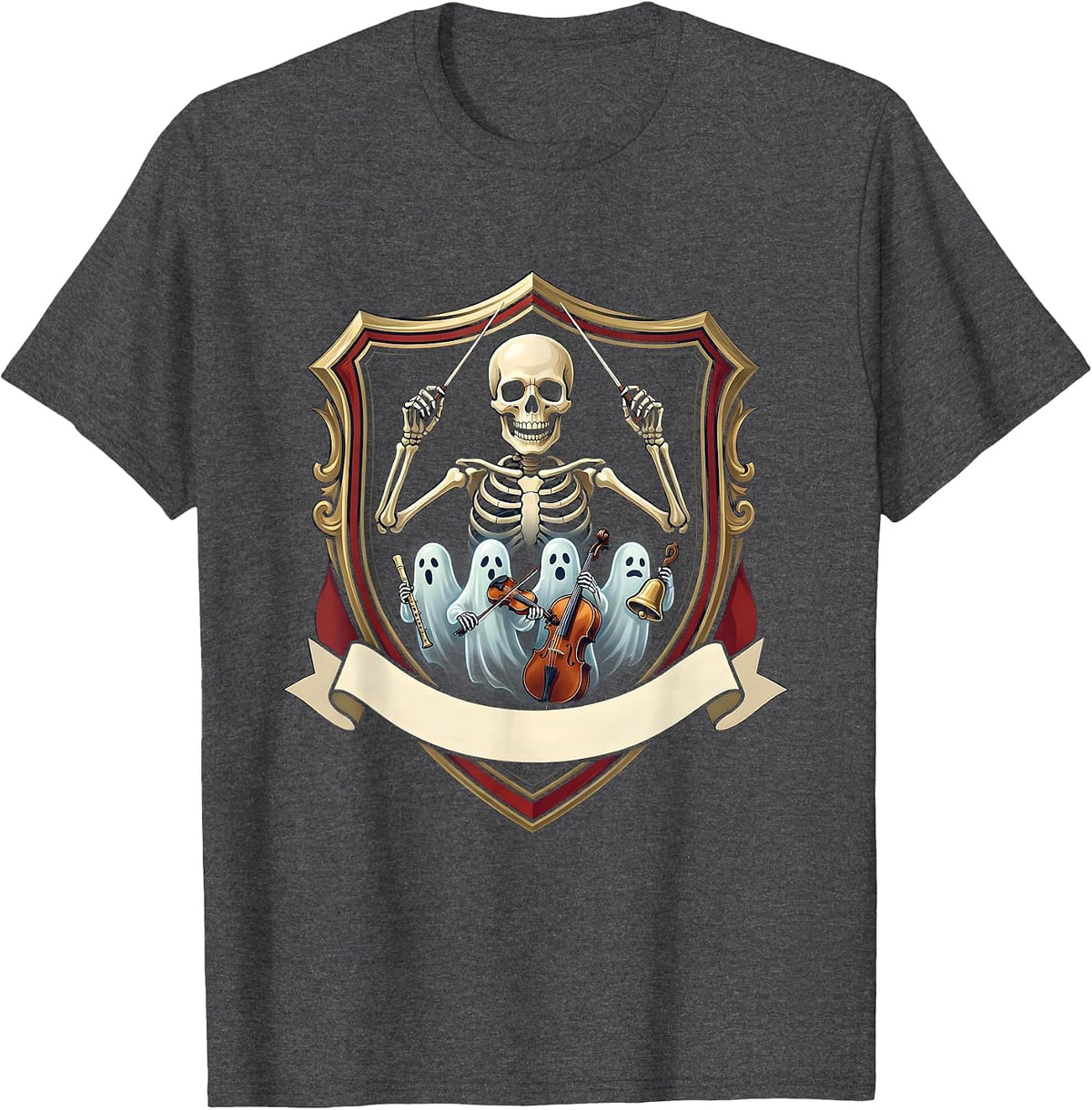 Halloween Ghost Music Teacher Band Emblem T-Shirt - Dark Heather Grey