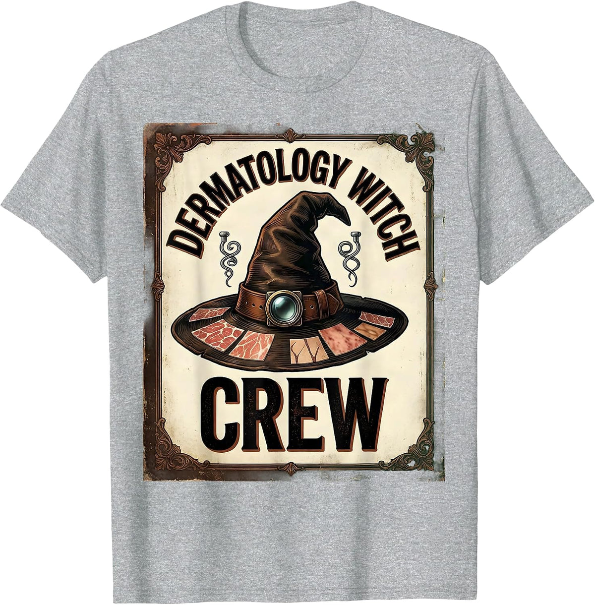 Men's Dermatology Witch Crew Vintage Dermatology Halloween Crew T-Shirt - Heather Grey