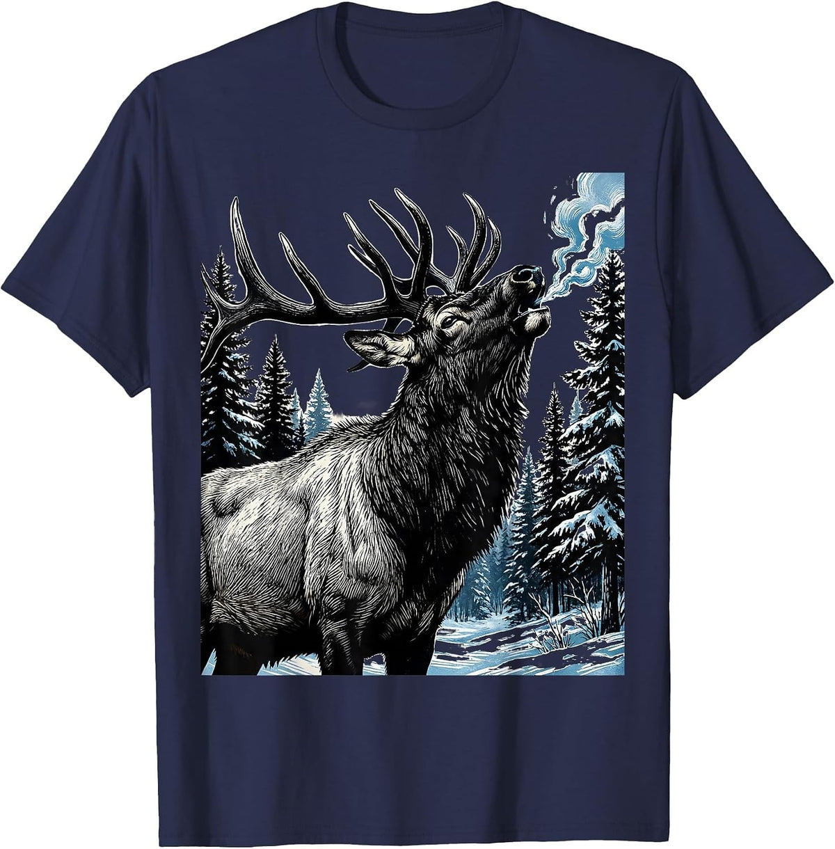 Elk Bugling in Snowy Pine Forest Illustration T-Shirt - Navy Blue