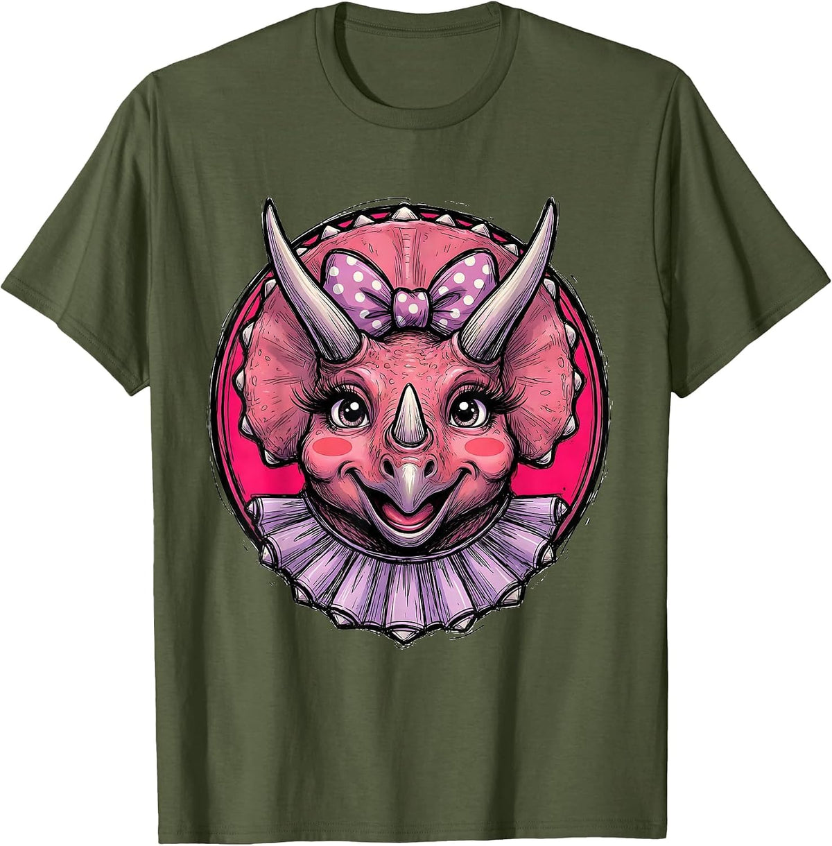 Cute Feminine Triceratops Dinosaur Graphic Tee T-Shirt - Olive Green