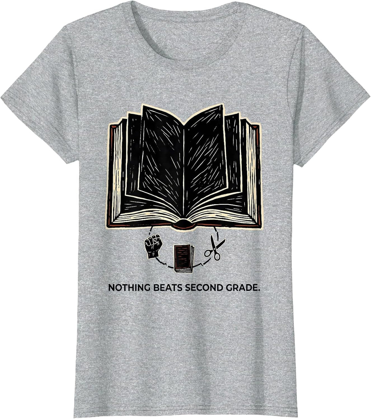 Nothing Beats Second Grade Linocut Back to School Rock Paper T-Shirt - Heather Grey