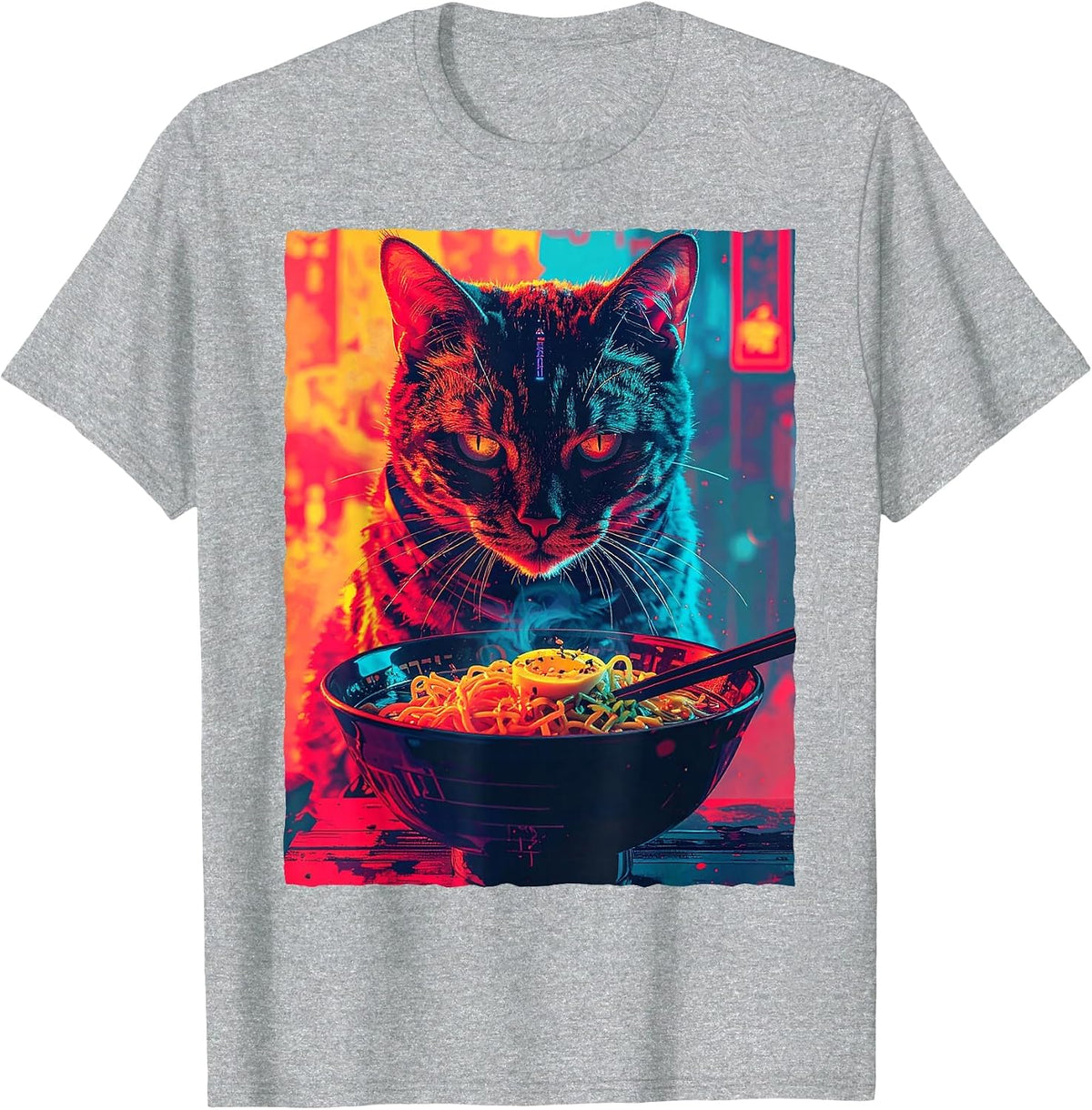 Synthwave Otaku Anime Cat Eating Japanese Ramen Noodles T-Shirt - Heather Grey