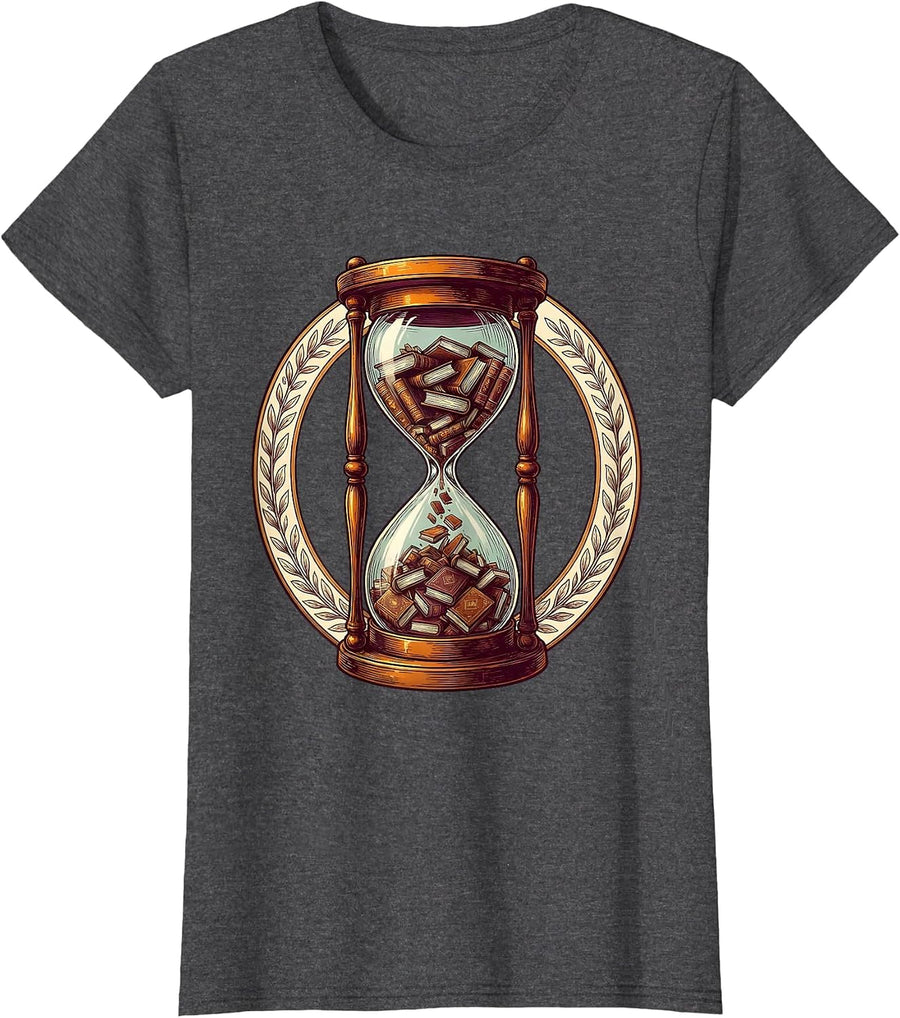 Women's Teacher Hourglass Books Graphic Tee T-Shirt - Dark Heather Grey