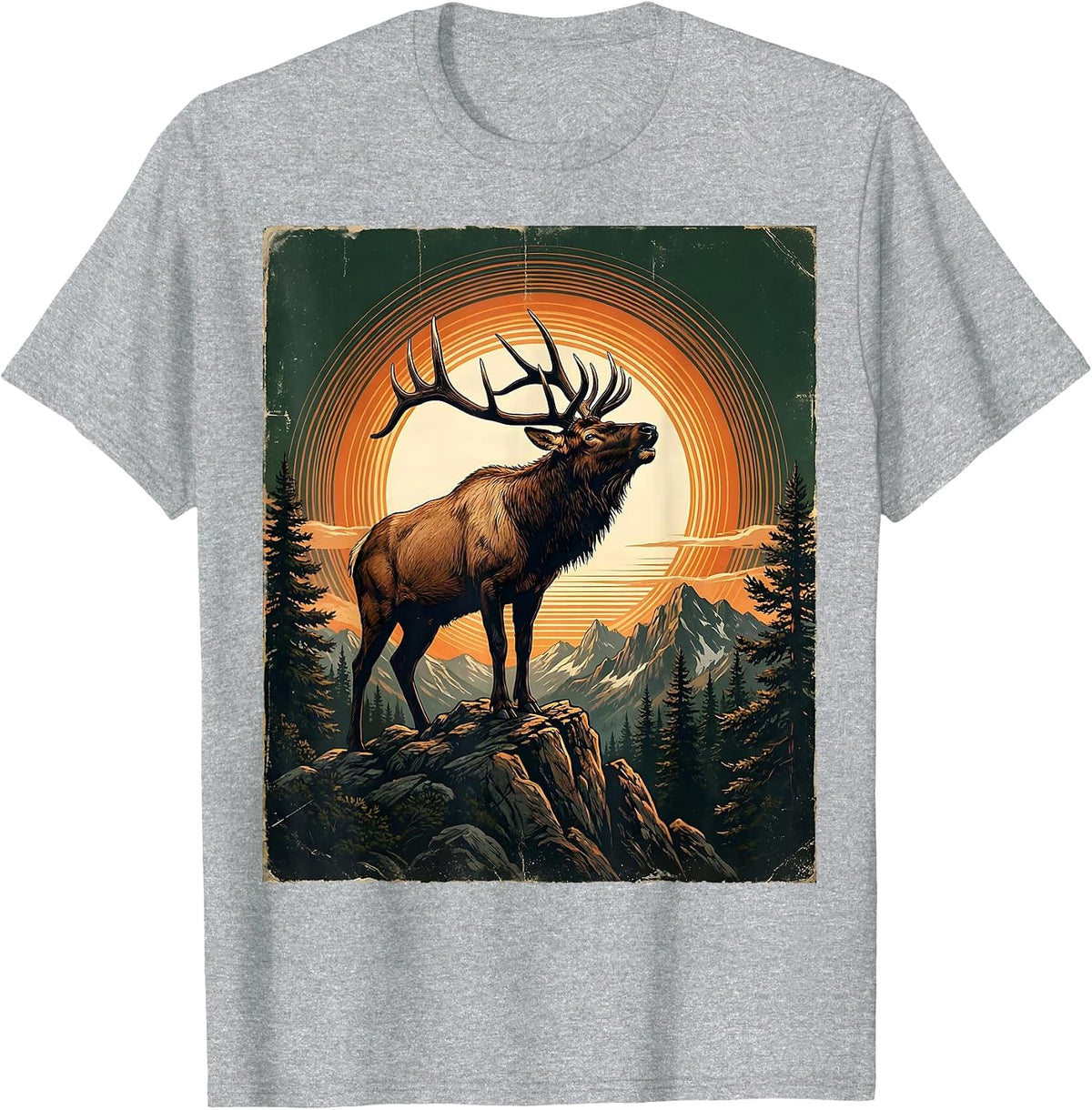Men's Elk Bugling at Mountain Peak Sunrise T-Shirt - Heather Grey