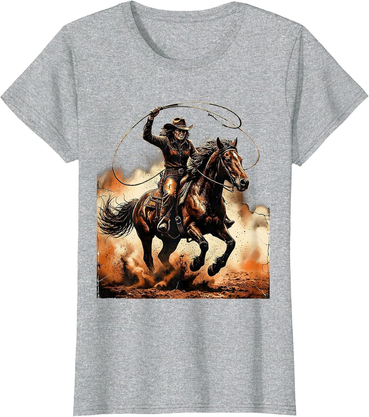 Cowgirl Lassoing Stallion Western Rodeo Graphic T-Shirt - Heather Grey