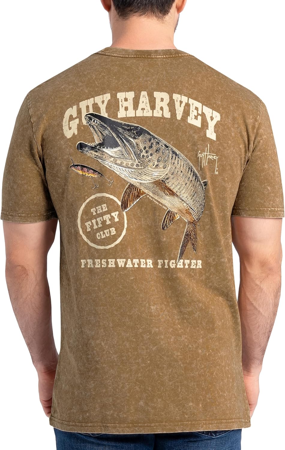 Guy Harvey Men’s Short Sleeve Coastal Wash Cotton Graphic Pocket T-Shirt - Rubber Brown\/the Fifty Club