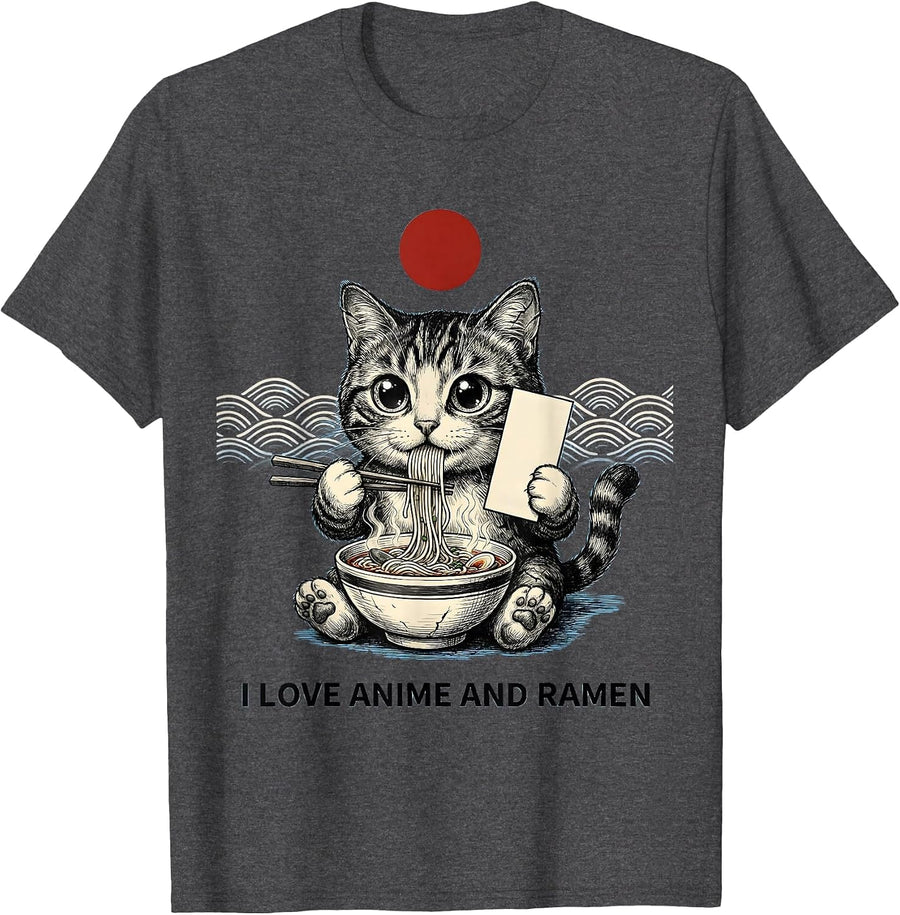 Men's I Love Anime And Ramen Cute Kawaii Cat Ramen Gift Anime T-Shirt - Dark Heather Grey