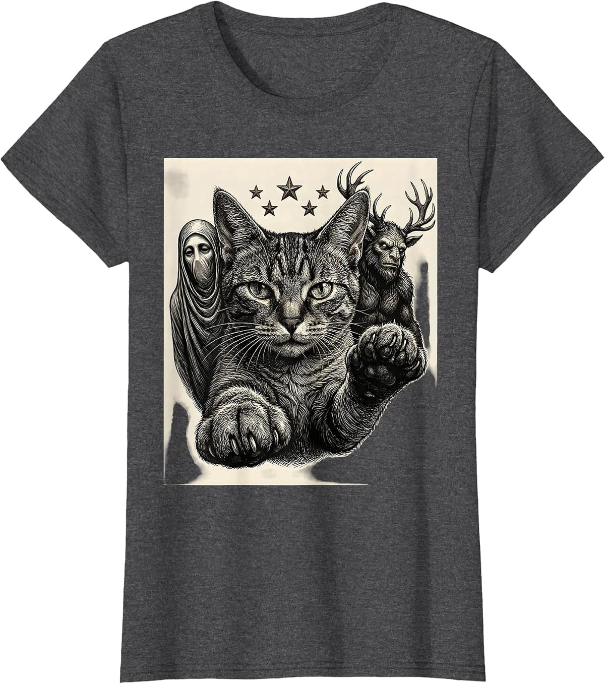 Women's Cat Selfie With Cryptid Skeleton Funny Cat Lover T-Shirt - Dark Heather Grey