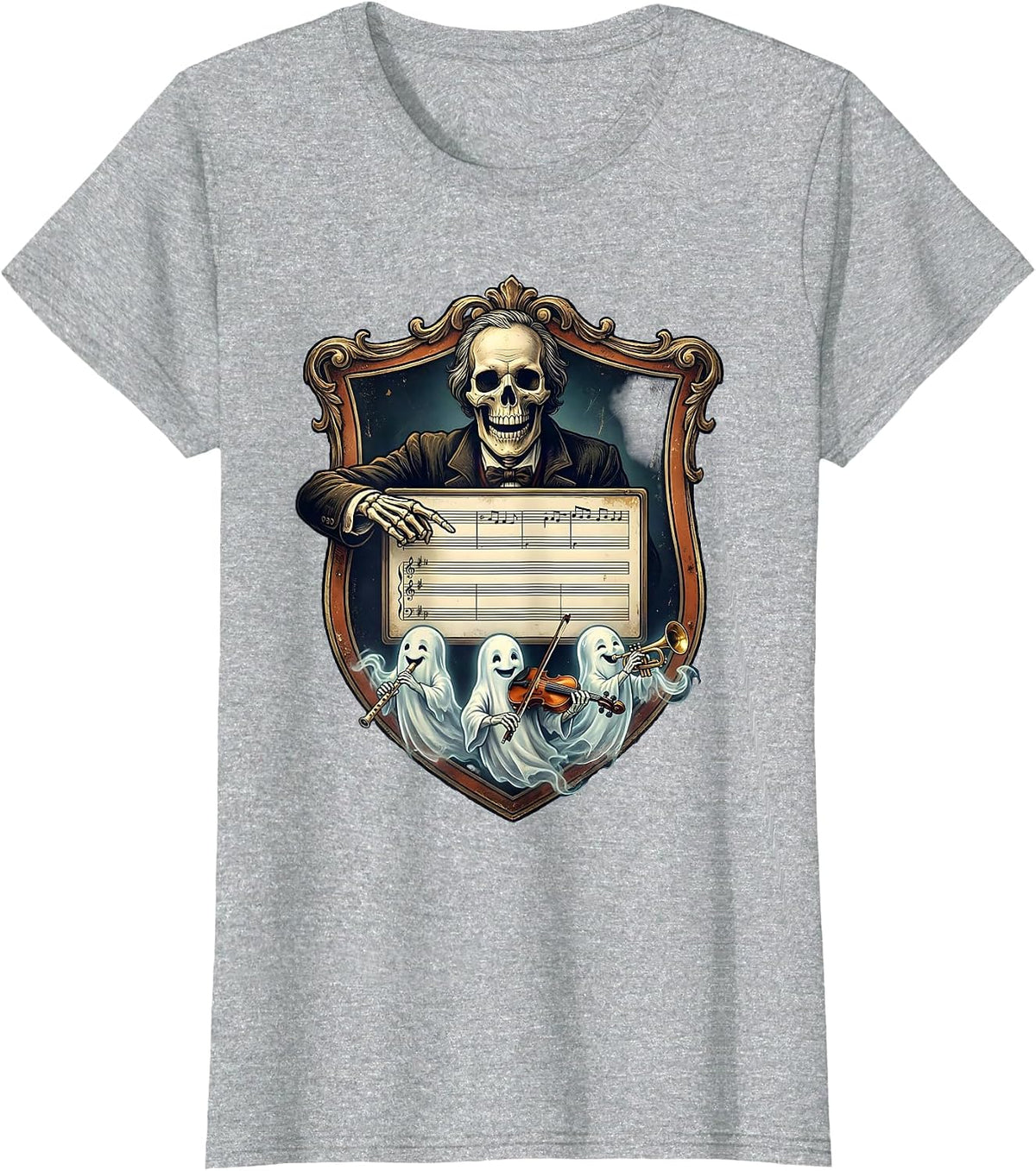 Ornate Shield Ghost Music Teacher Vintage Halloween T-Shirt - Heather Grey