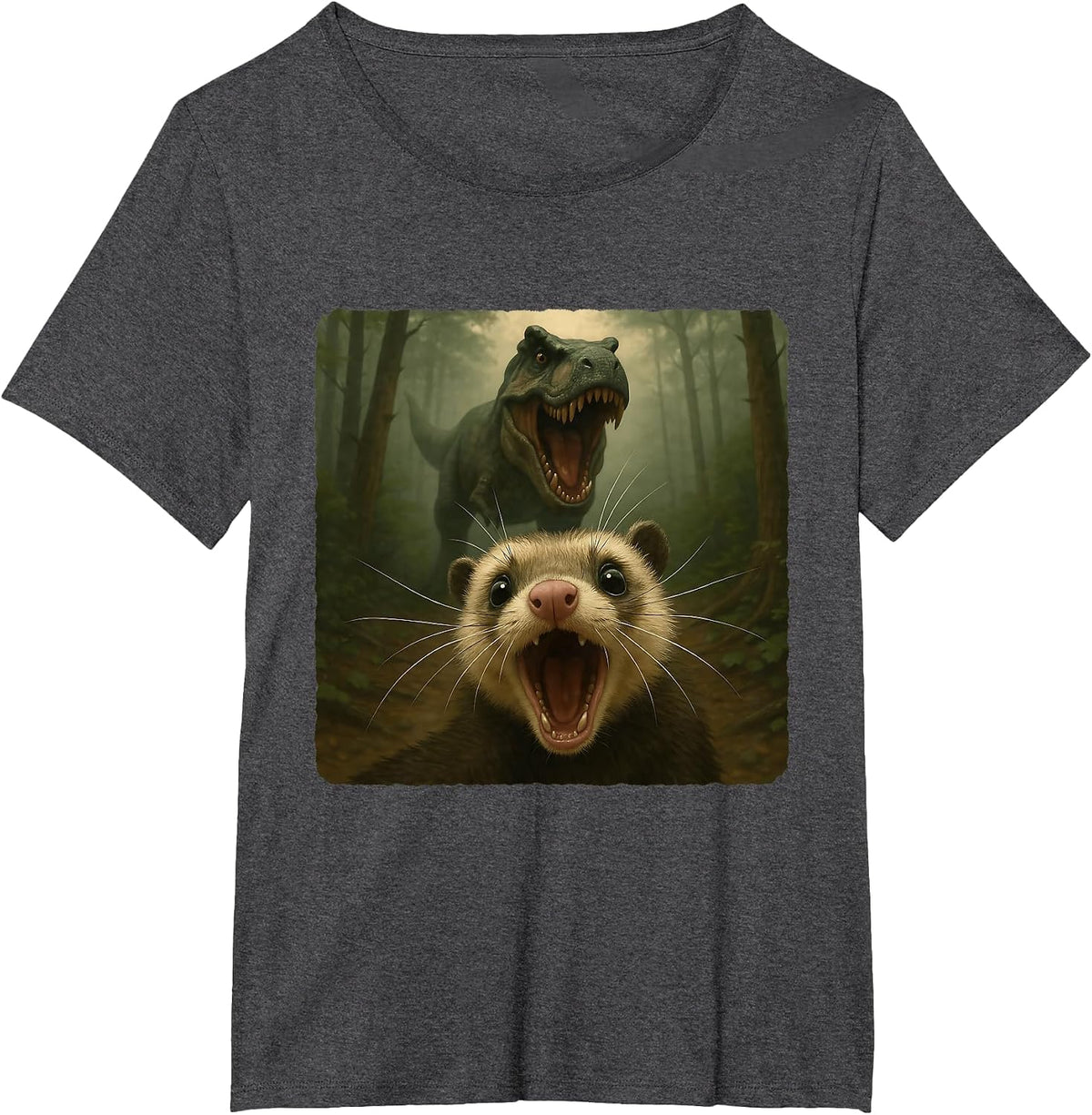 Ferret Selfie T-Rex Dinosaur Chase Funny Humor T-Shirt - Dark Heather Grey