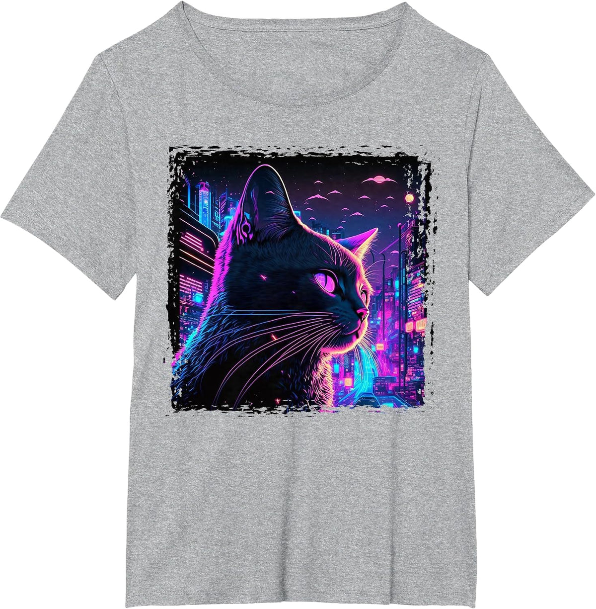 Japanese Aesthetic Synthwave Cat Vaporwave Anime Funny T-Shirt - Heather Grey