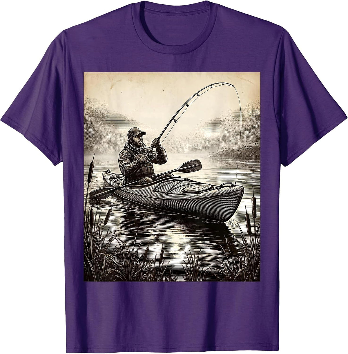 Kayak Fishing Foggy River Casting Illustration T-Shirt - Purple