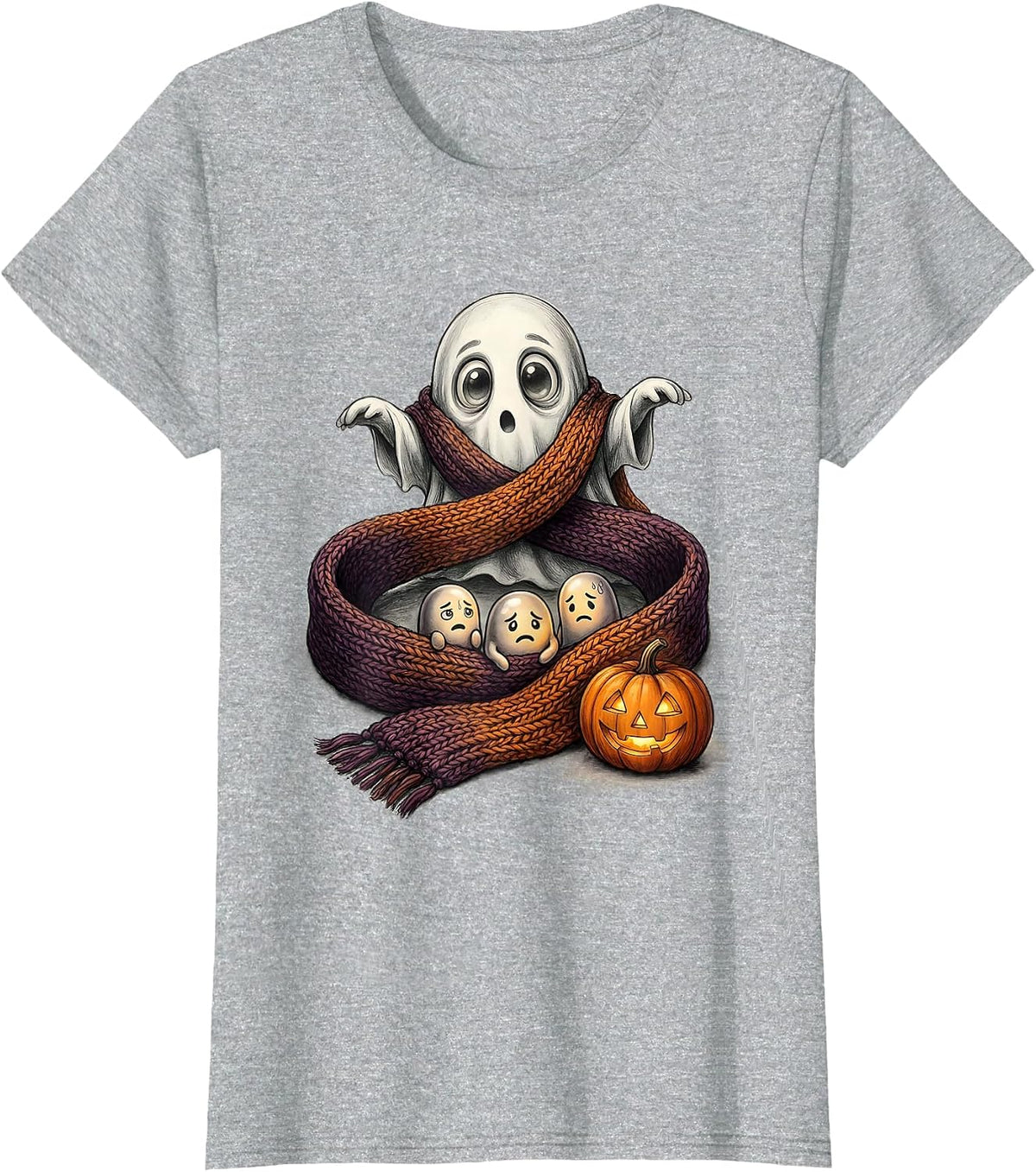 Friendly Ghost Scarf Mental Health Awareness Halloween T-Shirt - Heather Grey
