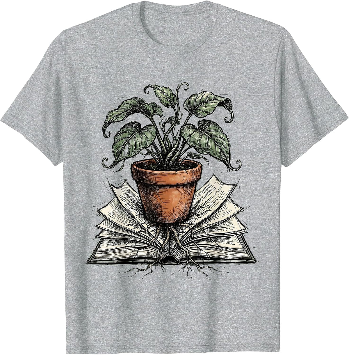 Men's Potted Plant Growing From Open Book Illustration T-Shirt - Heather Grey