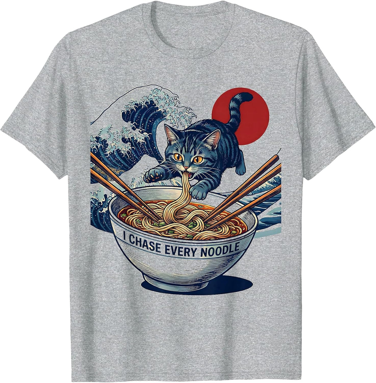 Men's I Chase Every Noodle Funny Kawaii Anime Cat Ramen Gift T-Shirt - Heather Grey
