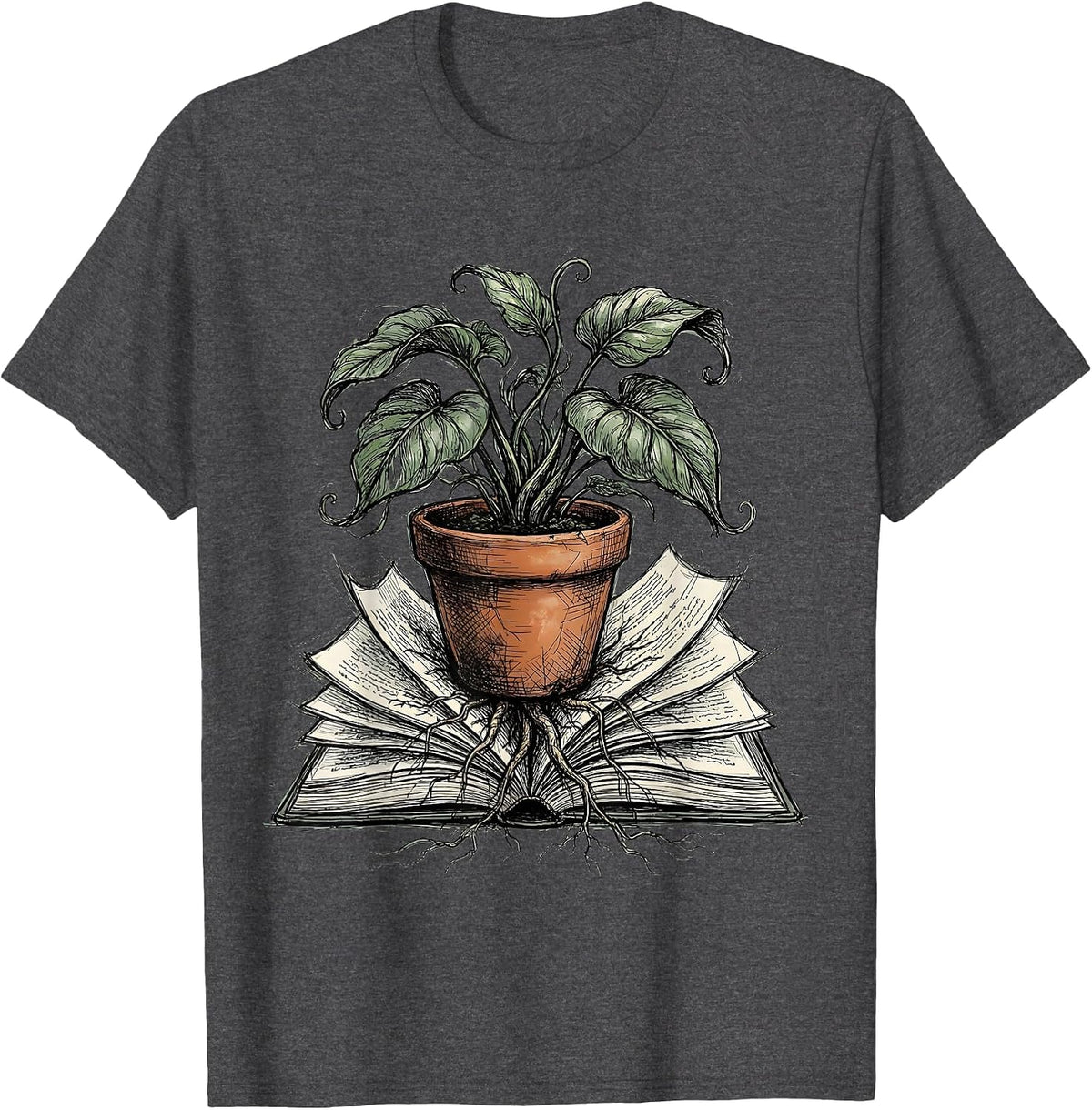 Men's Potted Plant Growing From Open Book Illustration T-Shirt - Dark Heather Grey