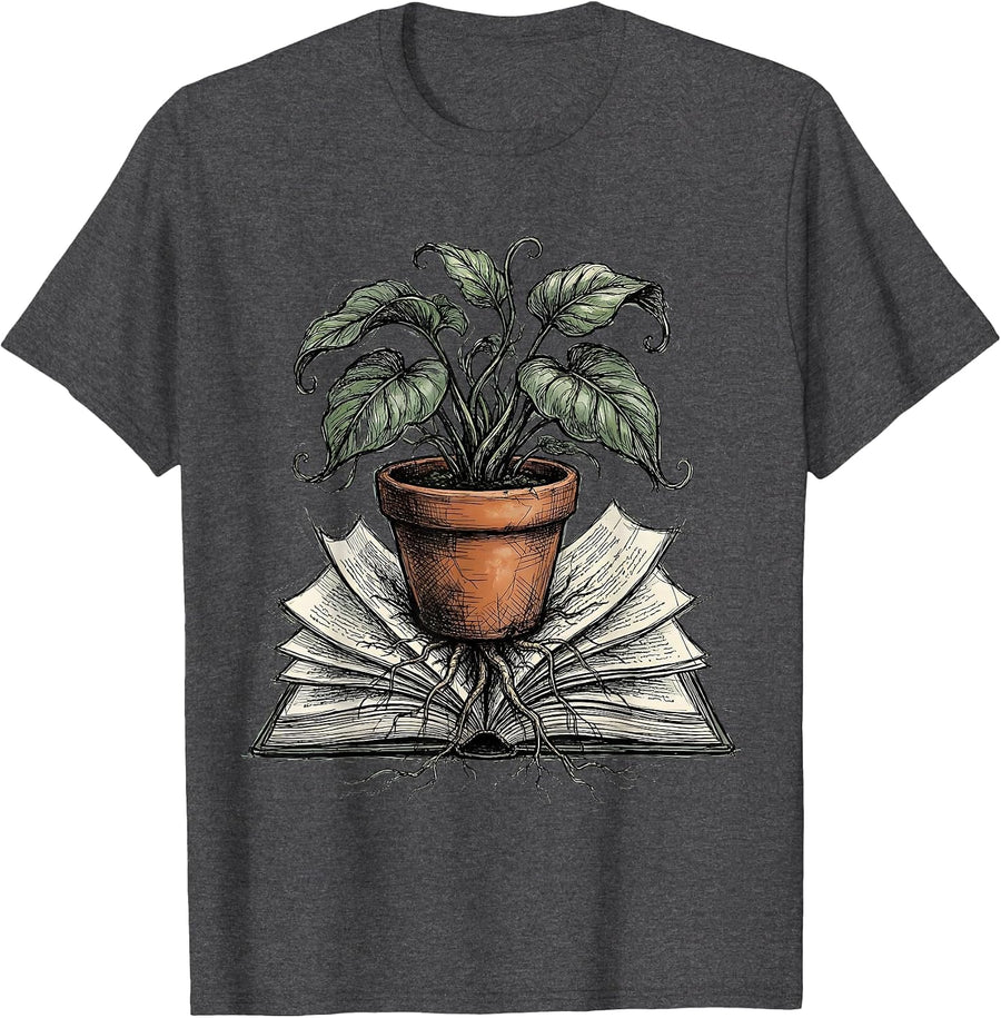 Men's Potted Plant Growing From Open Book Illustration T-Shirt - Dark Heather Grey