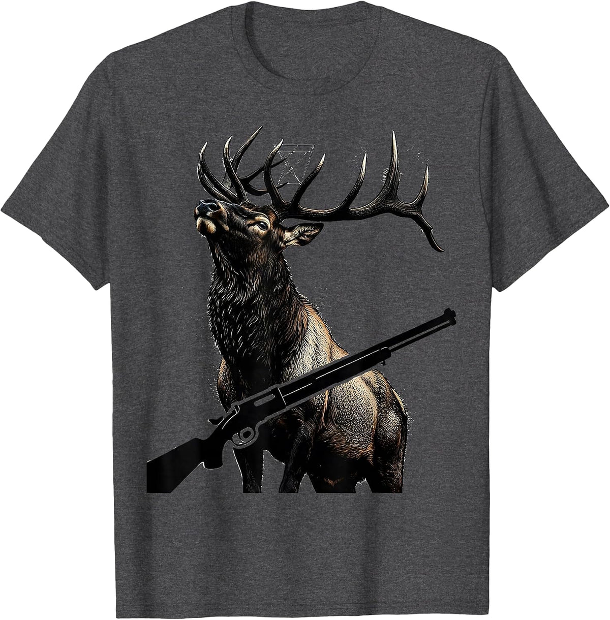 Men's Elk and Rifle 2nd Amendment Wildlife Art Design T-Shirt - Dark Heather Grey