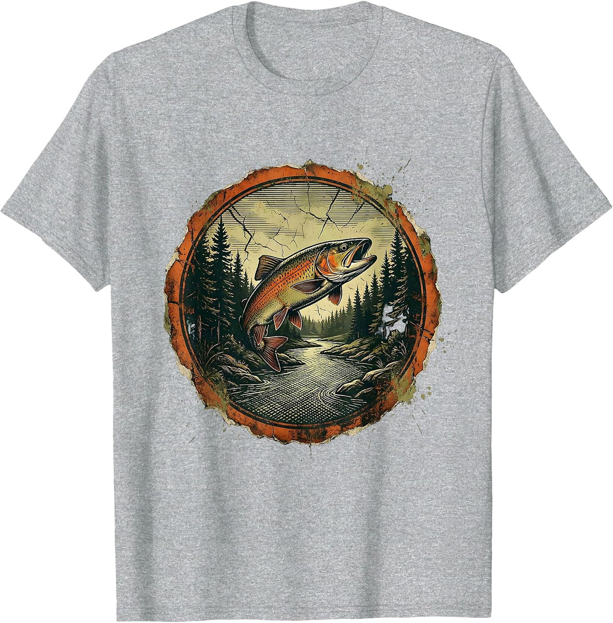 Men's Trout Stream Pine Forest Fly Fishing Illustration T-Shirt - Heather Grey
