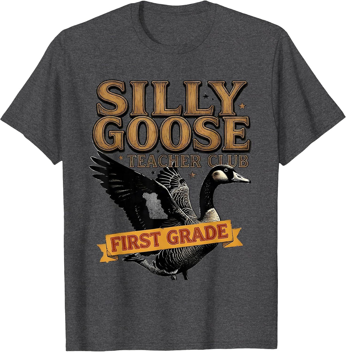 Men's Silly Goose Teacher Club First Grade Funny Back to School T-Shirt - Dark Heather Grey