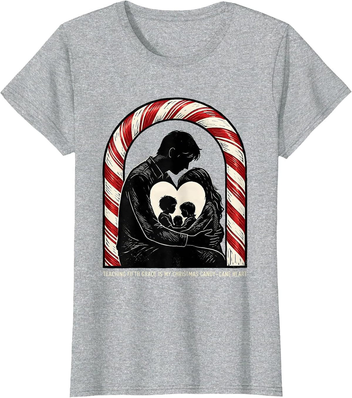 Women's Teaching Fifth Grade Is My Christmas Candy-Cane Heart T-Shirt - Heather Grey