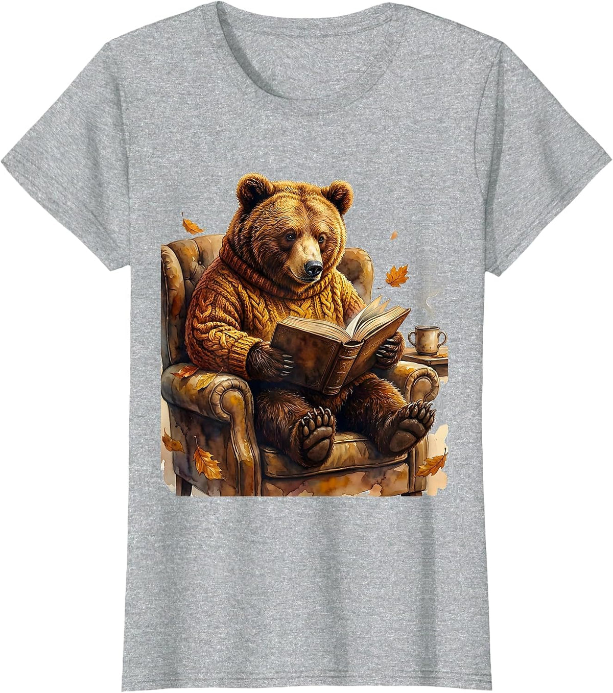 Women's Fall Teacher Bear Reading Book Illustration T-Shirt - Heather Grey
