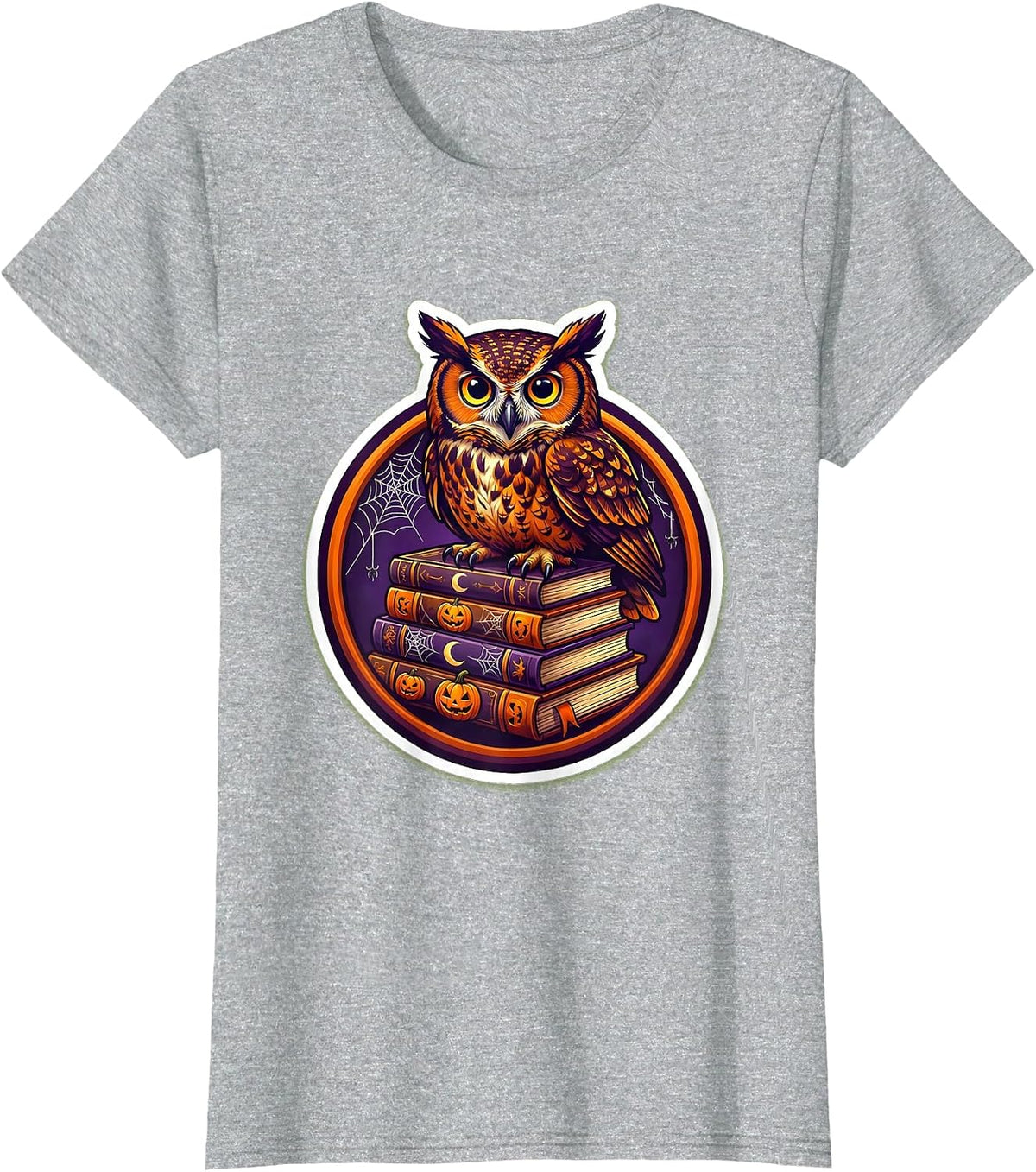 Halloween Teacher Owl on Spooky Stacked Books T-Shirt - Heather Grey