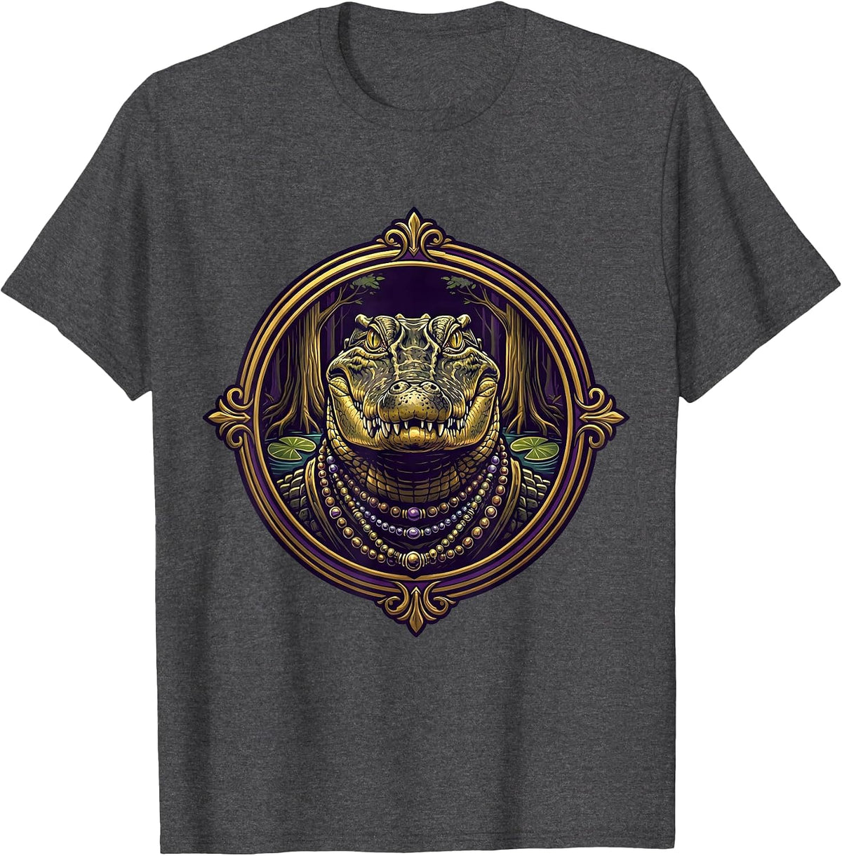 Men's Mardi Gras Alligator Beaded Necklaces Swamp Design T-Shirt - Dark Heather Grey