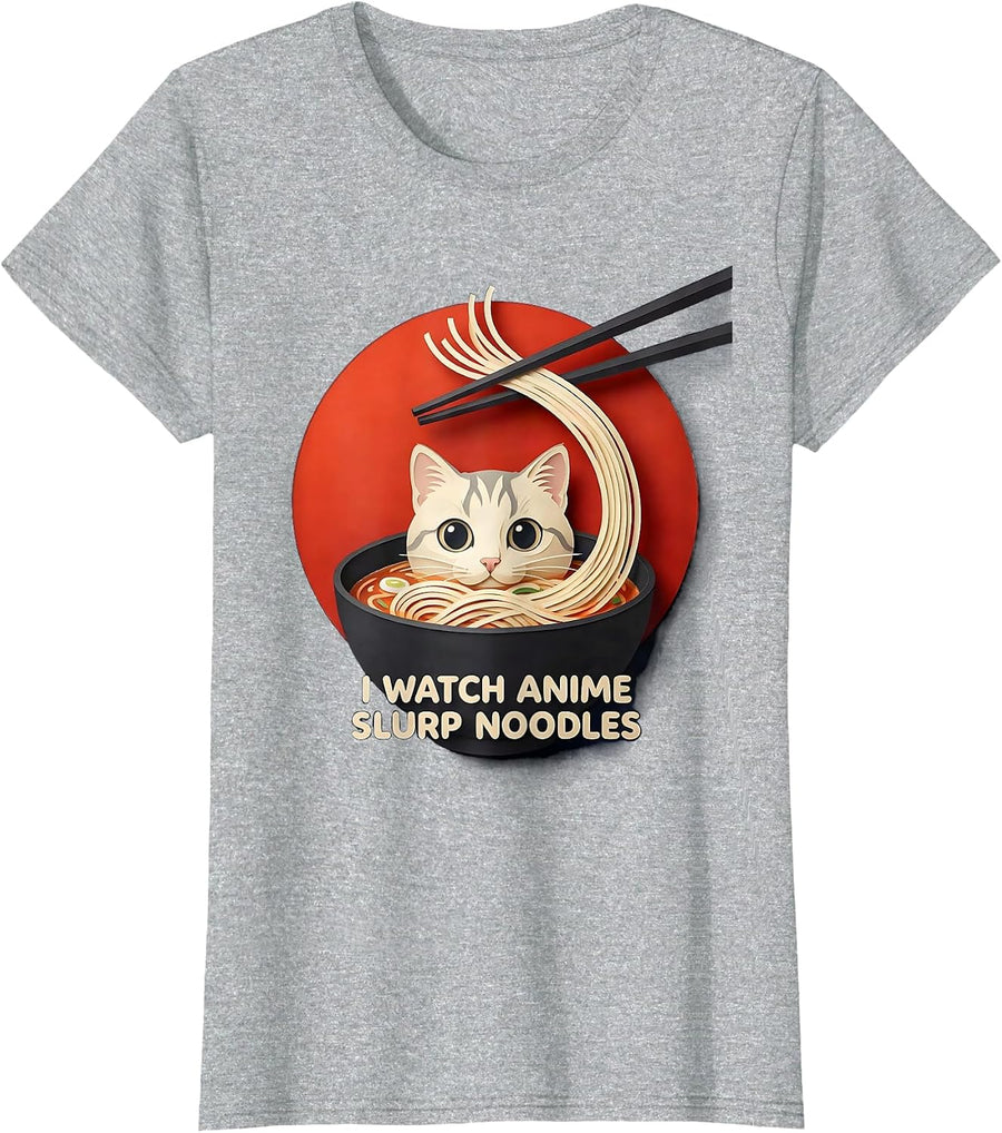 I Watch Anime, Slurp Noodles Funny Kawaii Cat Ramen Anime T-Shirt - Heather Grey