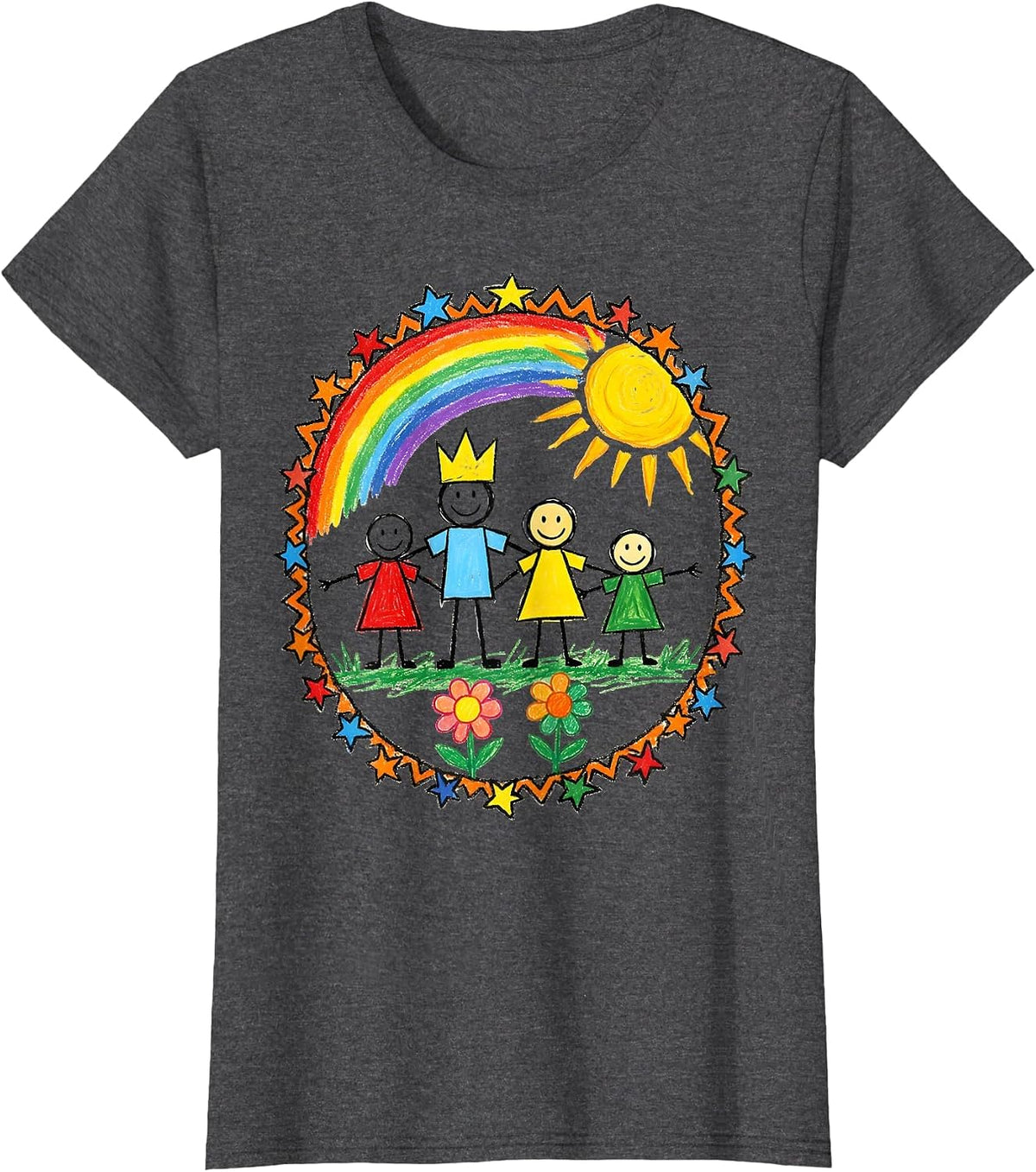 Women's Preschool Teacher Child Family Portrait Drawing T-Shirt - Dark Heather Grey