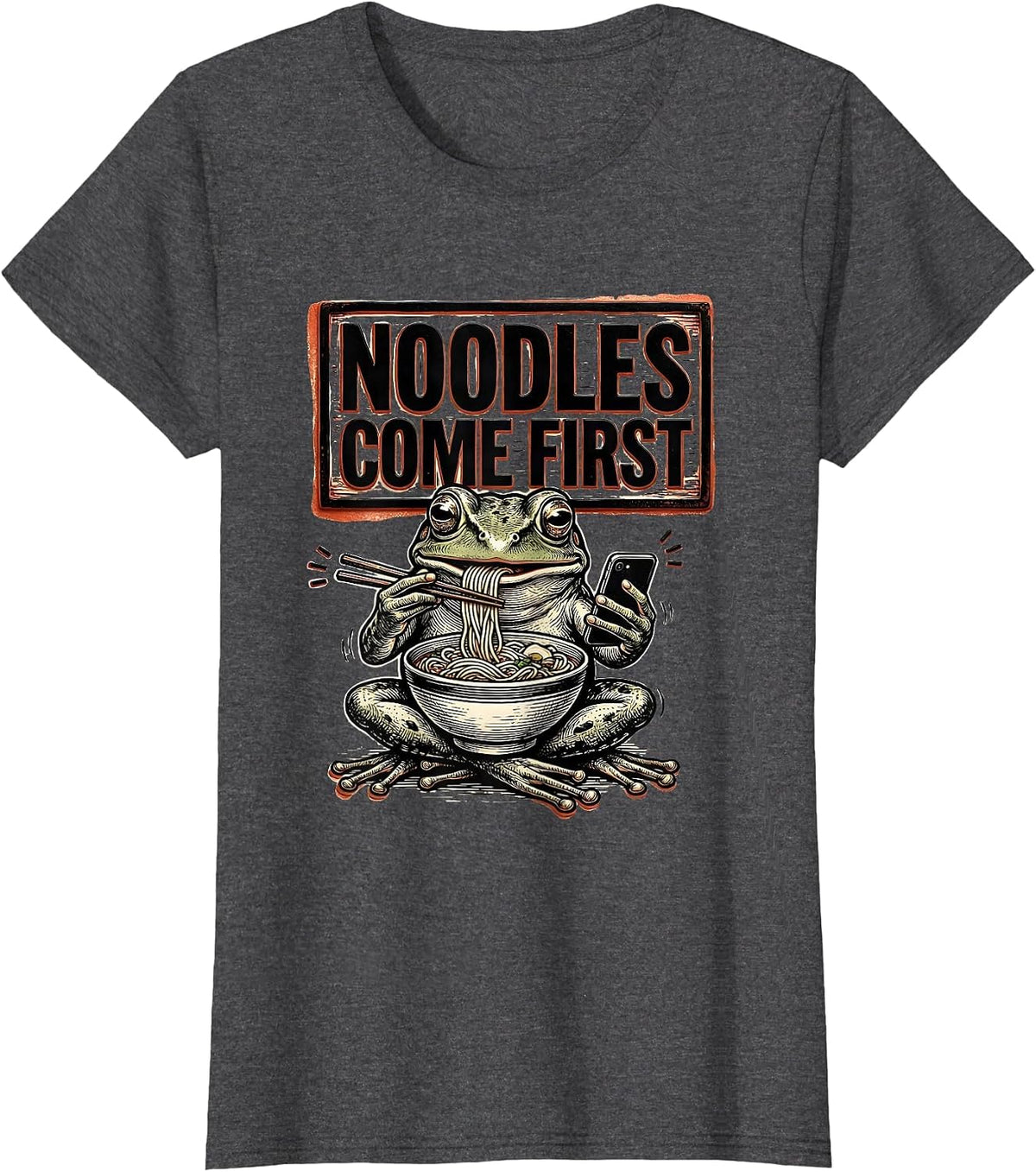 Women's Noodles Come First Funny Grumpy Frog Japanese Art Ramen T-Shirt - Dark Heather Grey