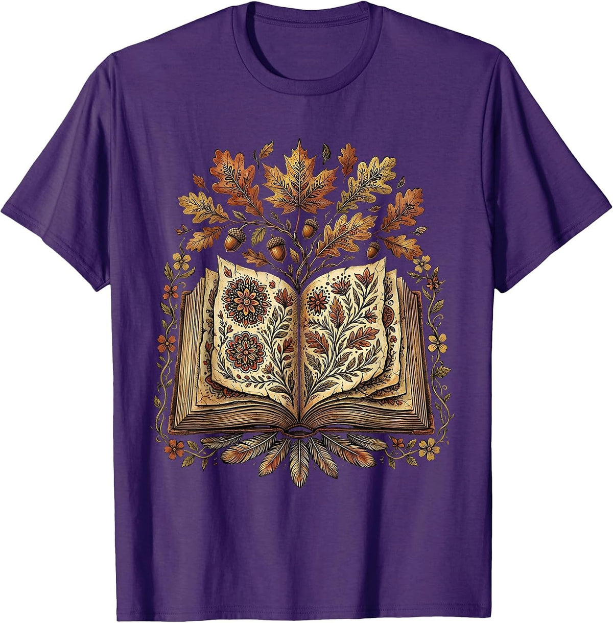 Men's Teacher Fall Open Book Leaves Illustration T-Shirt - Purple