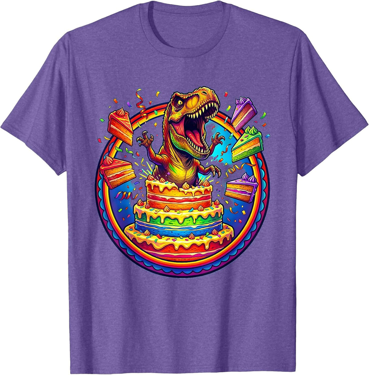 Men's Dinosaur Bursting Through Birthday Cake Graphic T-Shirt - Purple Heather