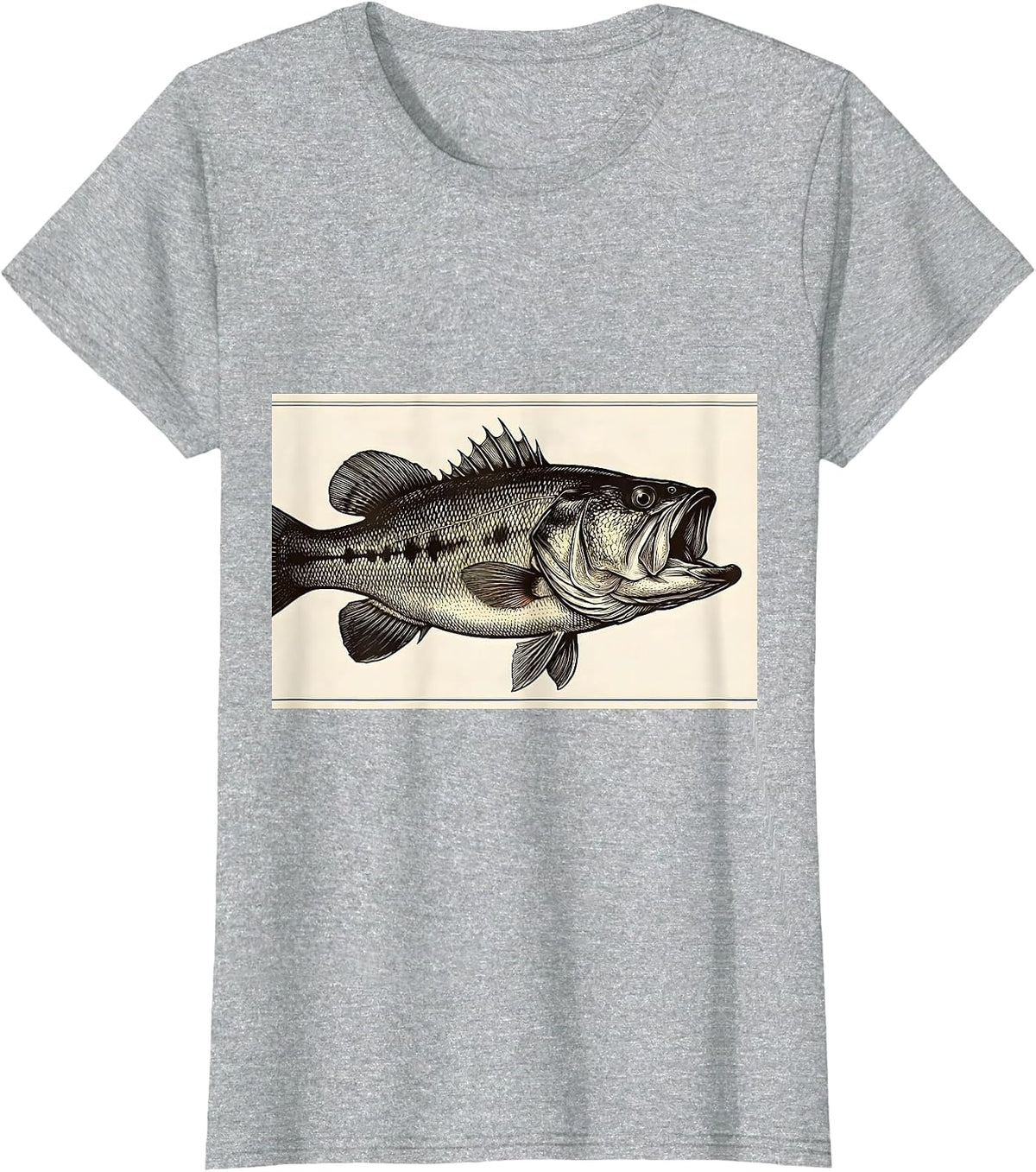 Largemouth Bass Heartbeat Pulse Line Crosshatch Fishing T-Shirt - Heather Grey