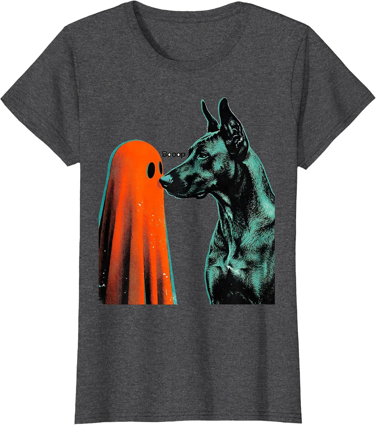 Women's Booop Risograph Funny Dog Ghost Halloween Dog Mom T-Shirt - Dark Heather Grey