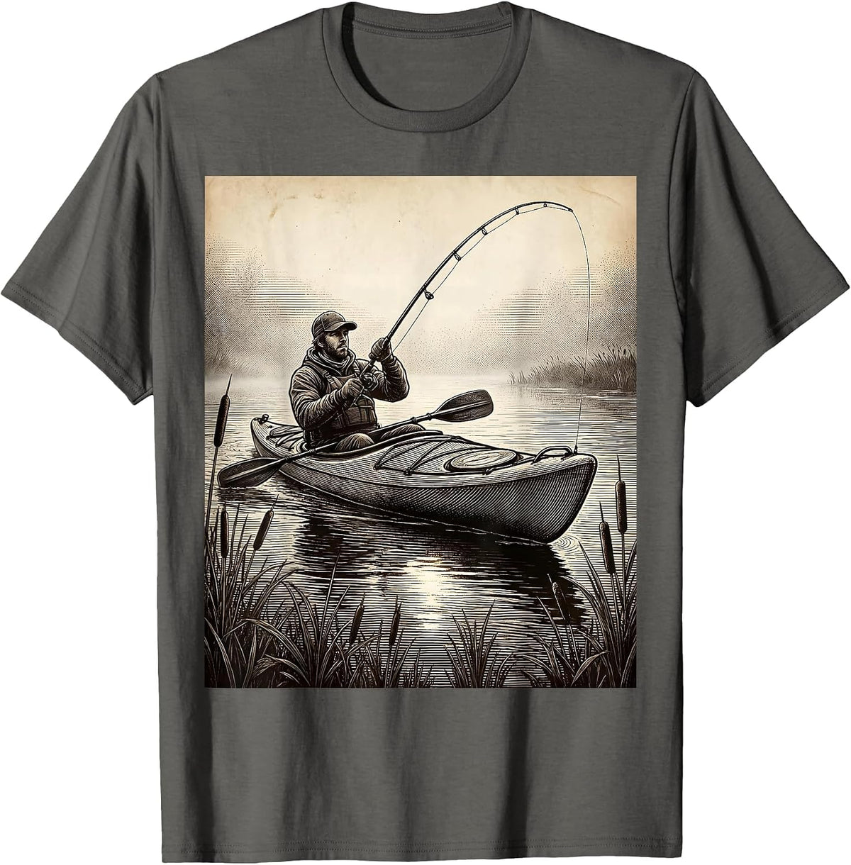 Kayak Fishing Foggy River Casting Illustration T-Shirt - Asphalt Grey