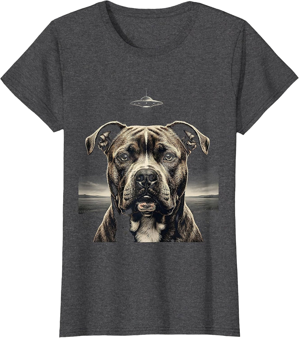 Women's Pitbull UFO Alien Abduction Funny Dog Humor T-Shirt - Dark Heather Grey
