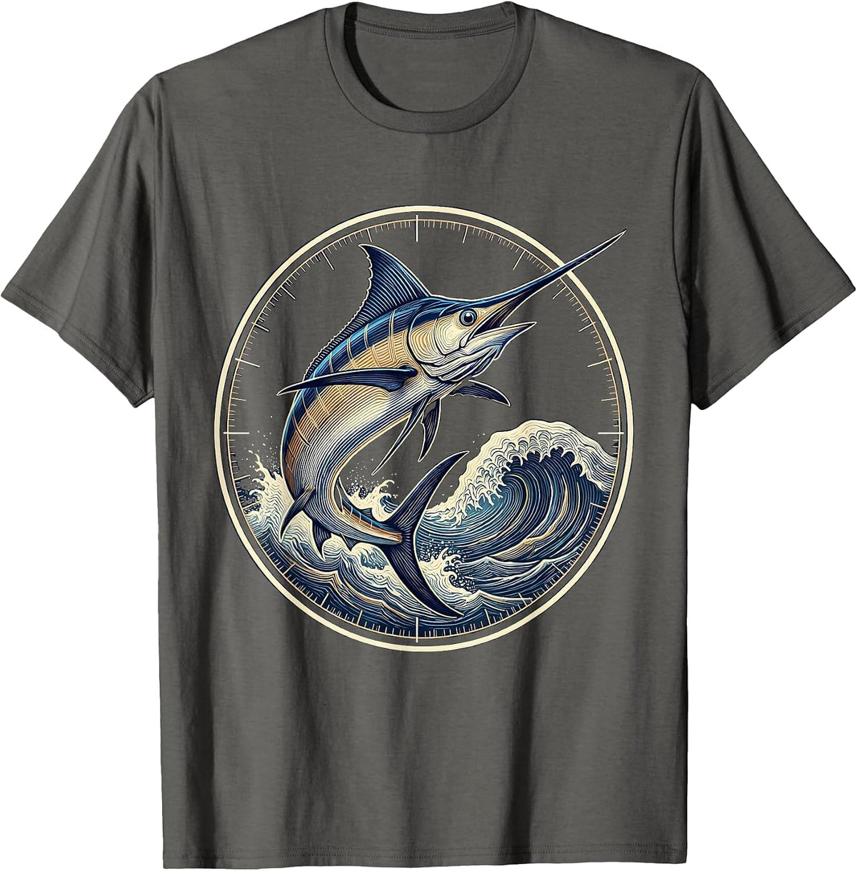Gulf of Mexico Jumping Marlin Wave Illustration T-Shirt - Asphalt Grey