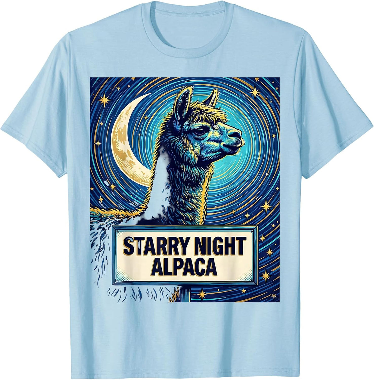 Men's Starry Night Alpaca Pop Art Alpaca Lover Van Gogh Style T-Shirt - Baby Blue