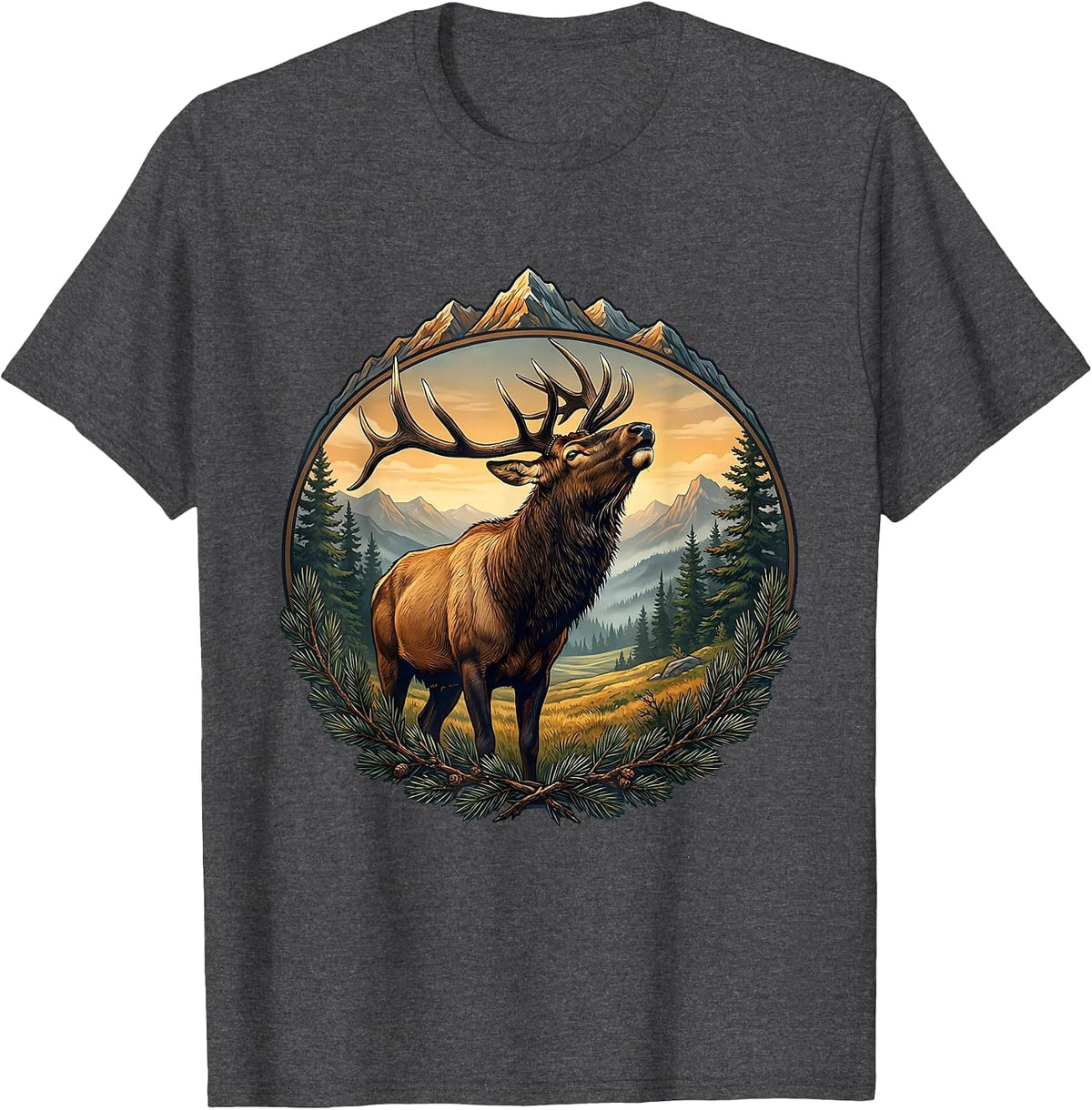 Rocky Mountain Elk Bugling Alpine Meadow Art T-Shirt - Dark Heather Grey