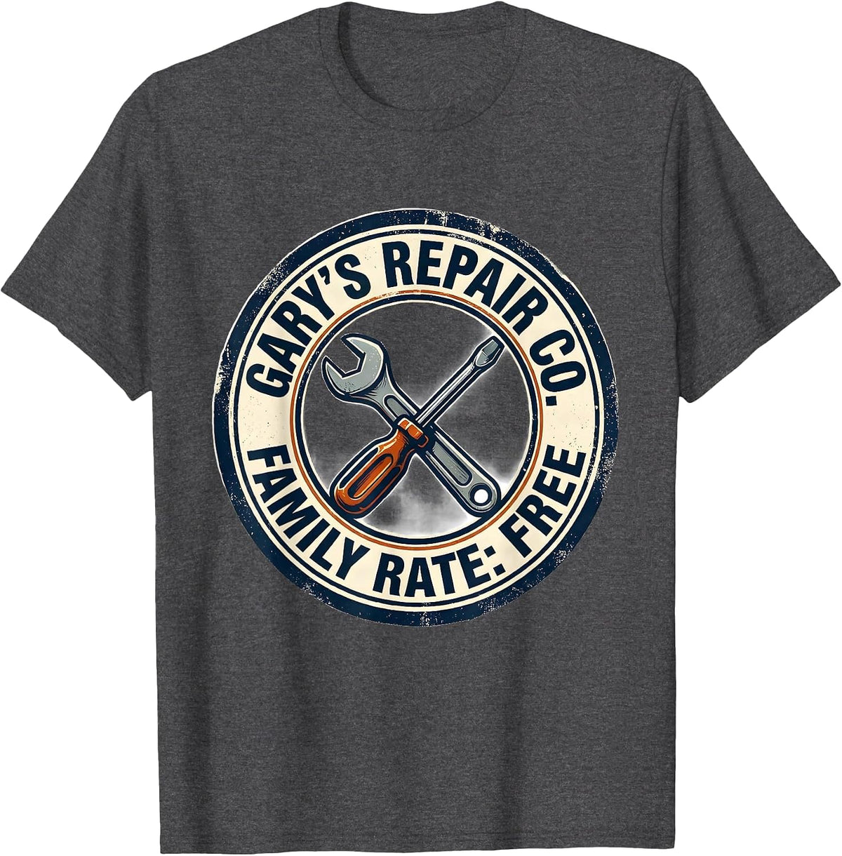 Men's Gary's Repair Co. Family Rate Free Funny Handyman Gift T-Shirt - Dark Heather Grey