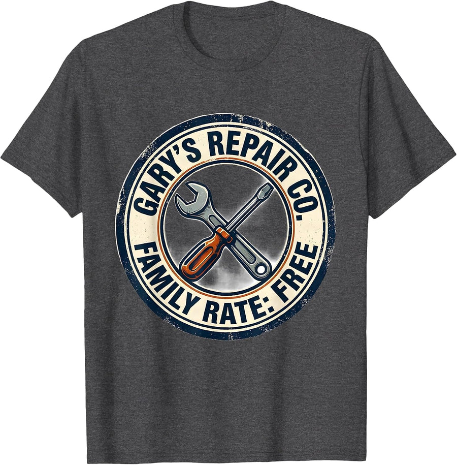 Men's Gary's Repair Co. Family Rate Free Funny Handyman Gift T-Shirt - Dark Heather Grey