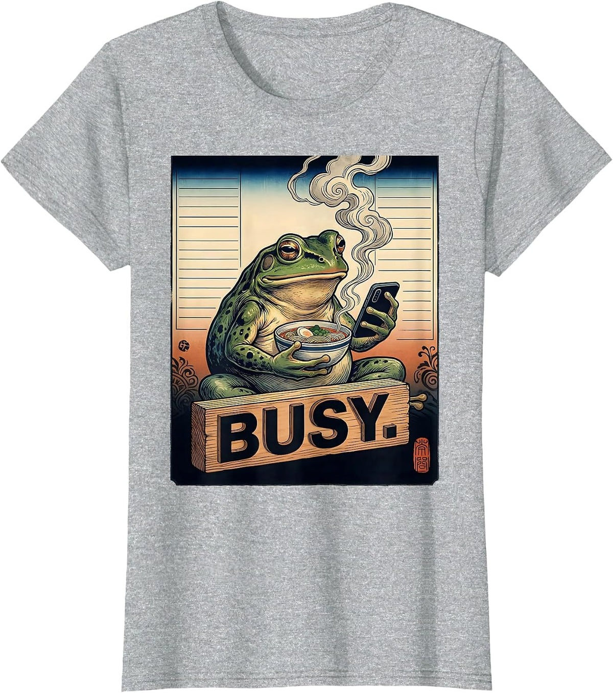 Women's Busy Grumpy Frog Ukiyo-e Ramen Humor Japanese Art T-Shirt - Heather Grey