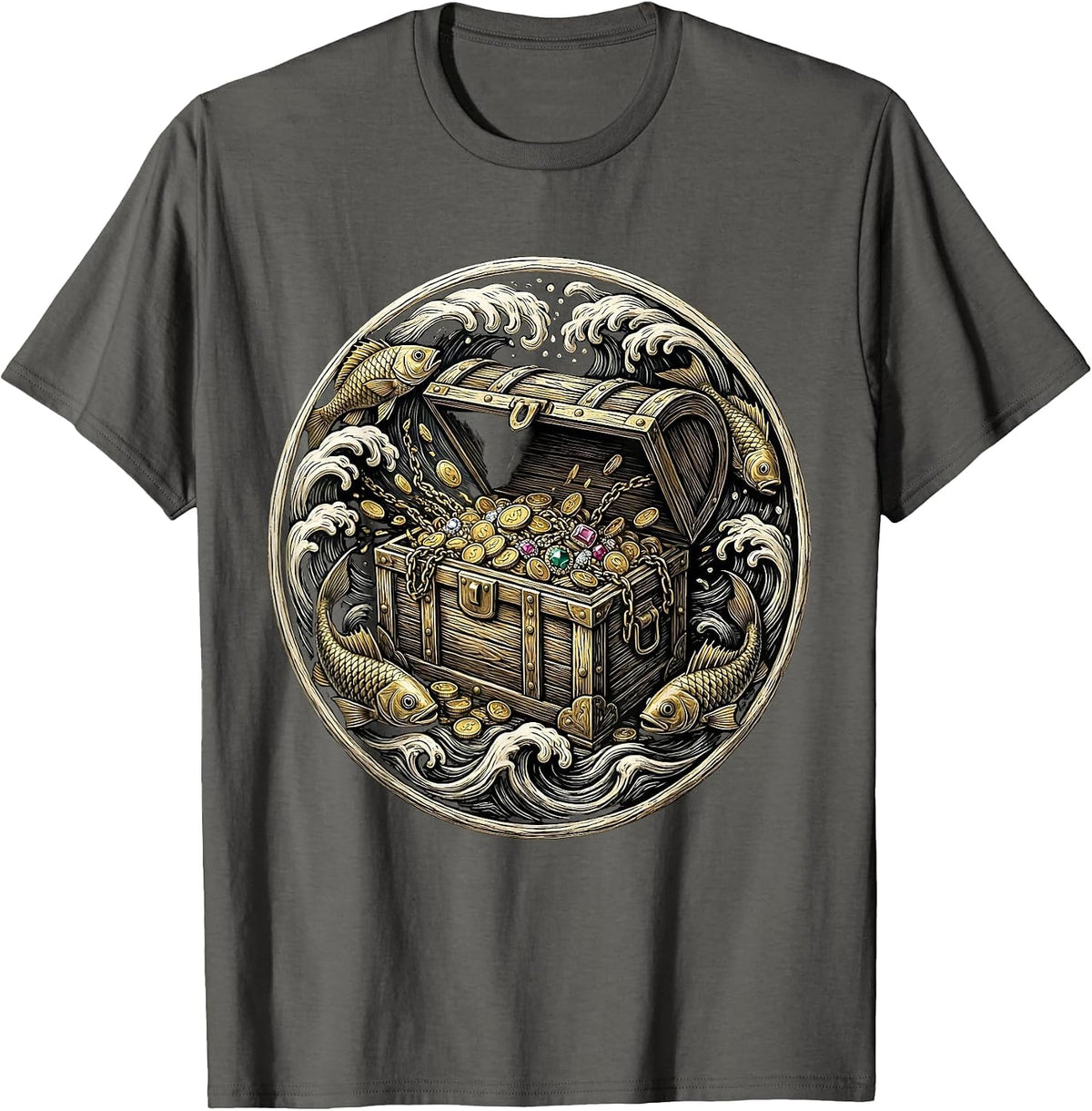 Underwater Treasure Chest Pirate Graphic Tee T-Shirt - Asphalt Grey