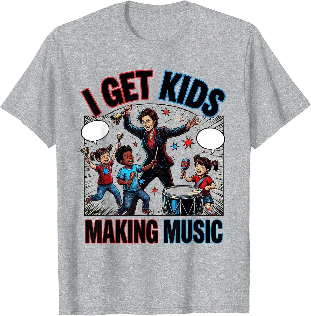 Men's I Get Kids Making Music Comic Book Music Teacher Back T-Shirt - Heather Grey